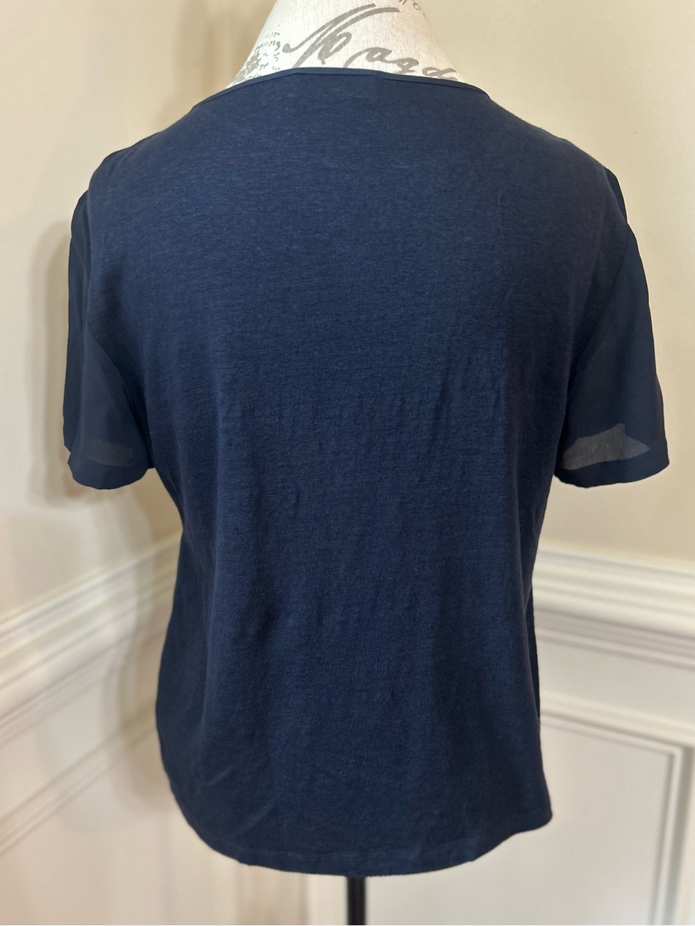 Tory Burch Navy Short Sleeve Blouse with Lace Yoke - Picture 3 of 7
